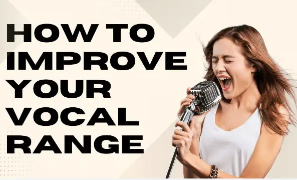 A young woman passionately singing into a microphone, showcasing her vocal strength and effort to expand her vocal range.