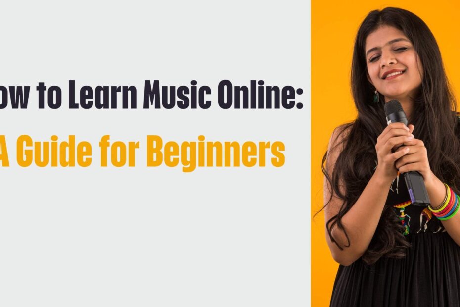 Young woman singing with a microphone, promoting a guide on learning music online for beginners.